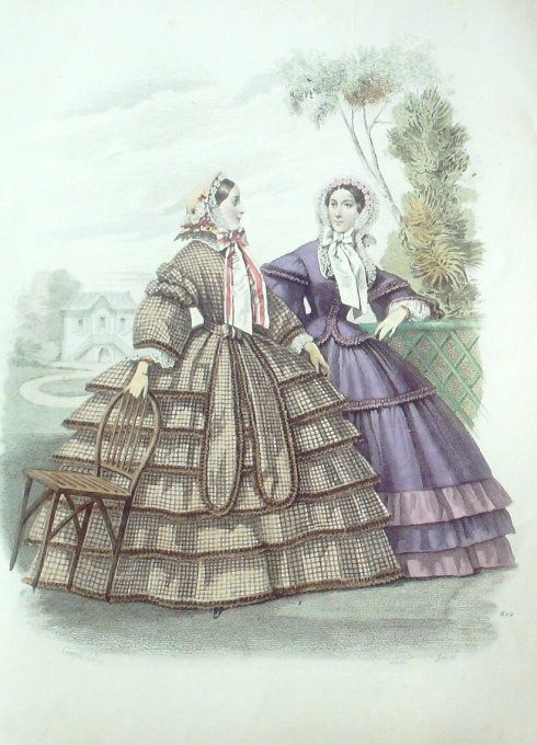 Gravure Les Modes Parisiennes 1858 # 802 Robes gros de Naples Maison Delisle