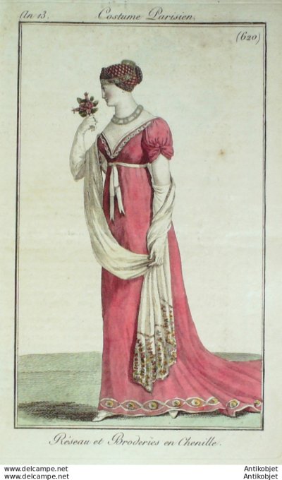 Gravure de mode Costume Parisien 1805 n° 620 (An 13) Réseau et broderies en chenille