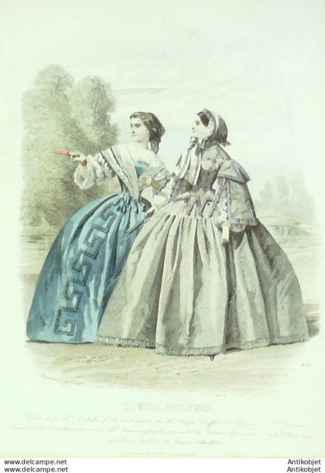Gravure Les Modes Parisiennes 1858 # 803 Robes tissu Maison Delisle