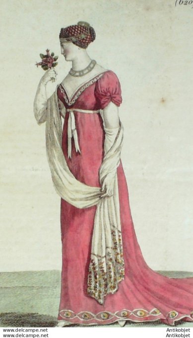Gravure de mode Costume Parisien 1805 n° 620 (An 13) Réseau et broderies en chenille
