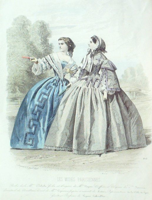 Gravure Les Modes Parisiennes 1858 # 803 Robes tissu Maison Delisle