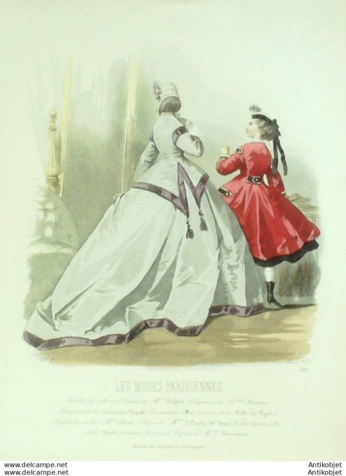 Gravure Les Modes Parisiennes 1865 #1199 Robe gros de Turin Maison Pieffort