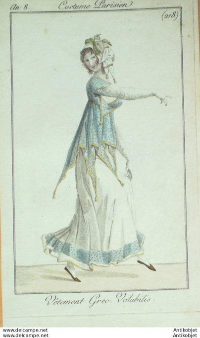 Gravure de mode Costume Parisien 1800 n° 218 (An 8) Vêtement grec Volubilis