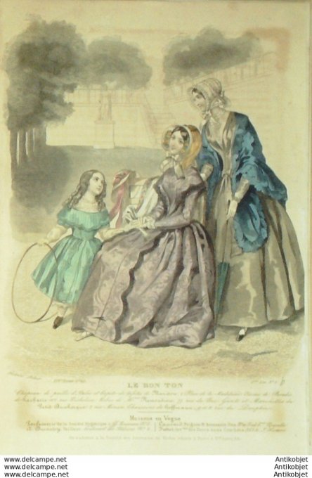 Gravure de mode Le Bon Ton 1847 14 n° 2 vol 2 Robes (Maison Remoudière)