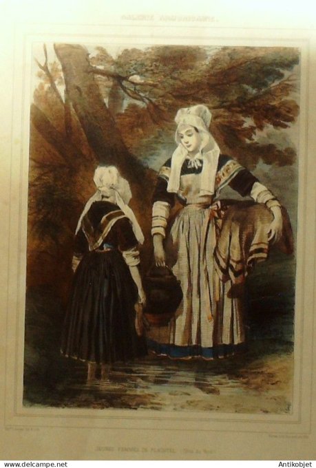 Bretagne Plaintel (22) Paysannes signé F.H.Lalaisse XIXème