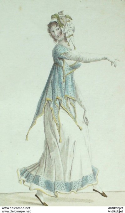 Gravure de mode Costume Parisien 1800 n° 218 (An 8) Vêtement grec Volubilis