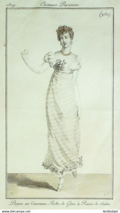 Costume Parisien 1809 # 962 (eau forte) Robe de gaze raies de satin