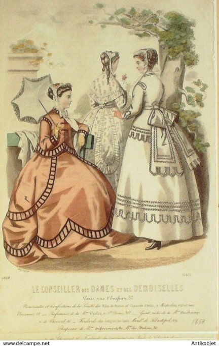 Gravure Mode Conseiller des Dames 1868 # 10 (aquarellee Old Fashion plate)