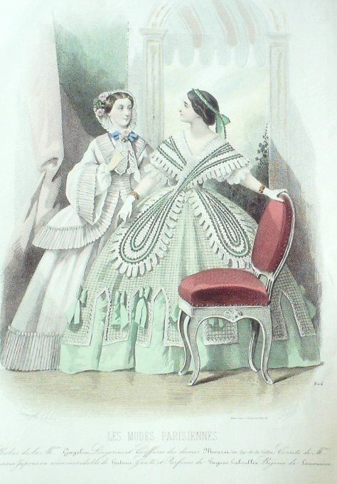 Gravure Les Modes Parisiennes 1858 # 806 Robes d'intérieur Maison Gagelin
