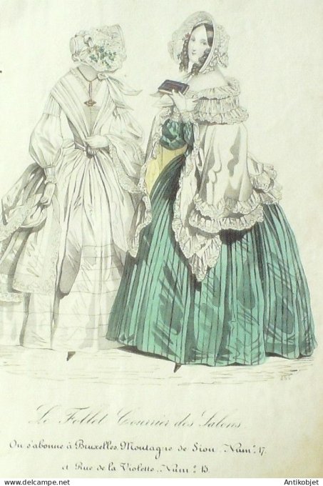 Gravure Mode Le Follet 1840 # 454 (aquarelle Old Fashion plate)