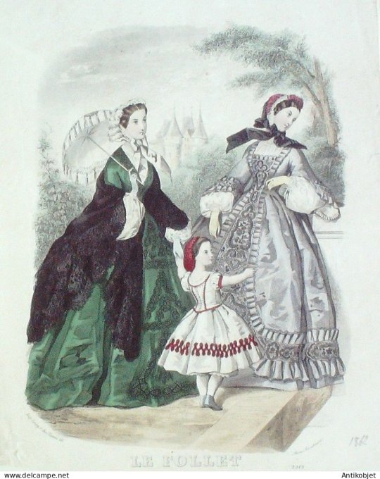 Gravure Mode Le Follet 1862 # 2313 (aquarelle Old Fashion plate)