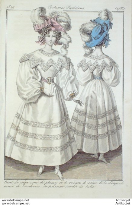 Costume Parisien 1829 # 2733 Robe d'organdi broderies pélerine