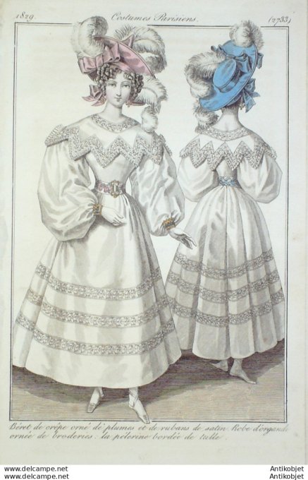 Gravure de mode Costume Parisien 1829 n°2733 Robe d'organdi broderies pélerine