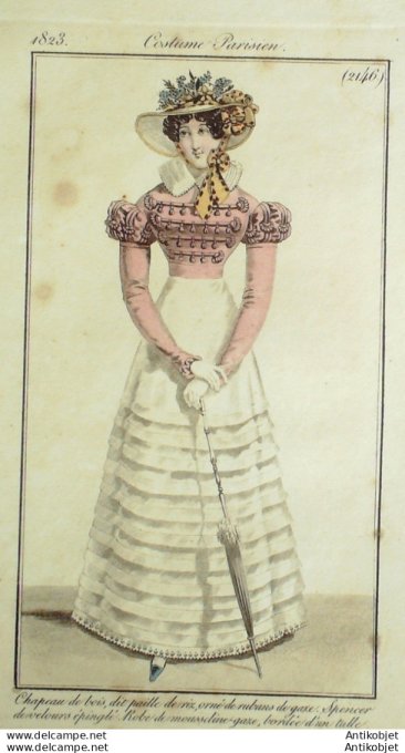 Gravure de mode Costume Parisien 1823 n°2146 Spencer Robe mousseline
