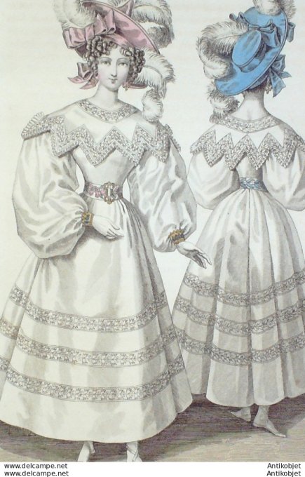 Gravure de mode Costume Parisien 1829 n°2733 Robe d'organdi broderies pélerine