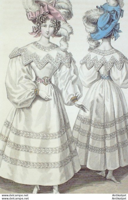 Costume Parisien 1829 # 2733 Robe d'organdi broderies pélerine