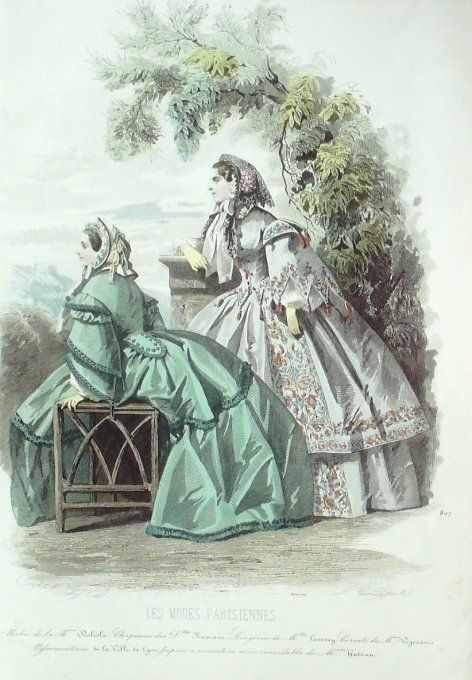 Gravure Les Modes Parisiennes 1858 # 807 Robes Gros de Naples Maison Delisle
