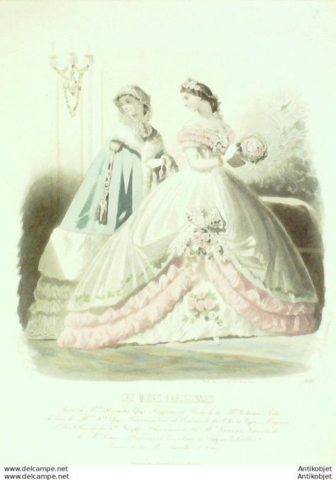 Gravure Les Modes Parisiennes 1863 #1037 Robes de Cour Maison Ghys