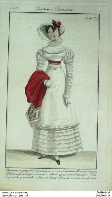 Gravure de mode Costume Parisien 1821 n°2007 Pélerine à pointe  Robe perkale garnie