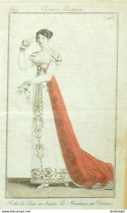 Costume Parisien 1809 # 946 (eau forte) Robe de cour en satin