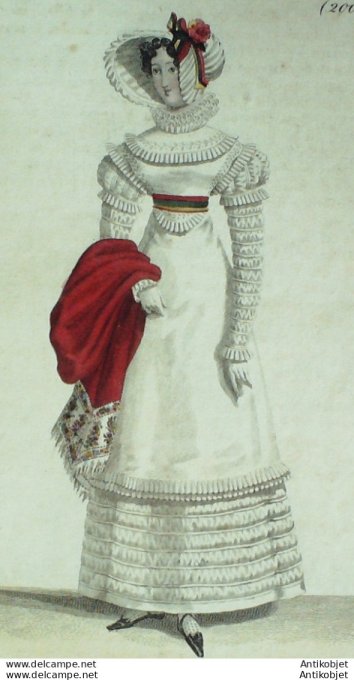 Gravure de mode Costume Parisien 1821 n°2007 Pélerine à pointe  Robe perkale garnie