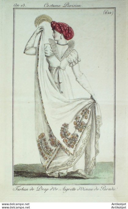 Gravure de mode Costume Parisien 1805 n° 622 (An 13) Aigrette d'oiseau de Paradis