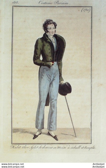 Gravure de mode Costume Parisien 1818 n°1731 Gilet homme en moire à schall