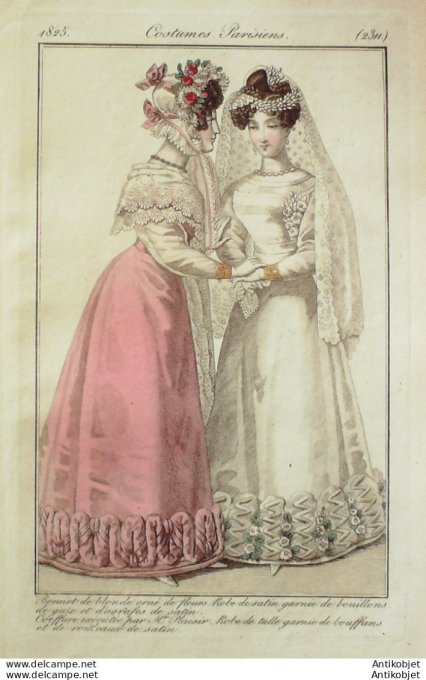 Gravure de mode Costume Parisien 1825 n°2311 Robes de satin et tulle garnies