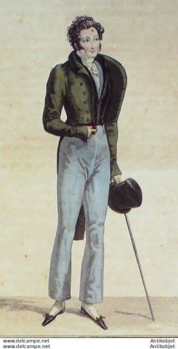 Gravure de mode Costume Parisien 1818 n°1731 Gilet homme en moire à schall