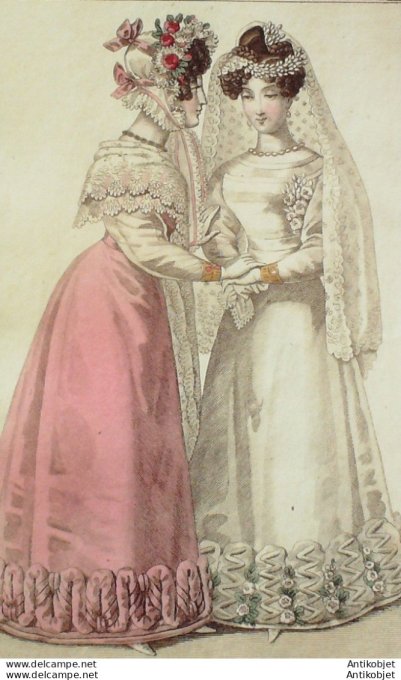 Gravure de mode Costume Parisien 1825 n°2311 Robes de satin et tulle garnies