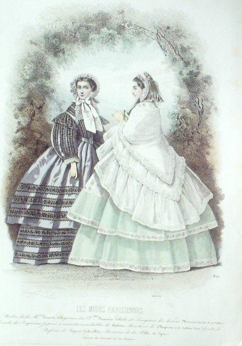 Gravure Les Modes Parisiennes 1858 # 809 Robes en satin Maison Fauvet