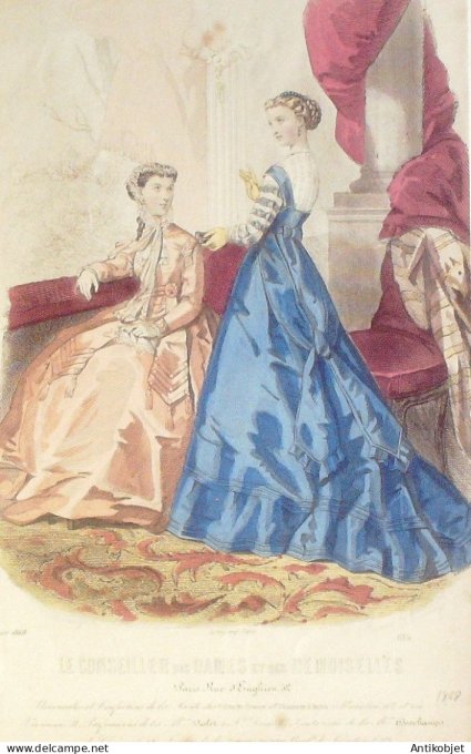 Gravure Mode Conseiller des Dames 1868 #  1 (aquarellee Old Fashion plate)