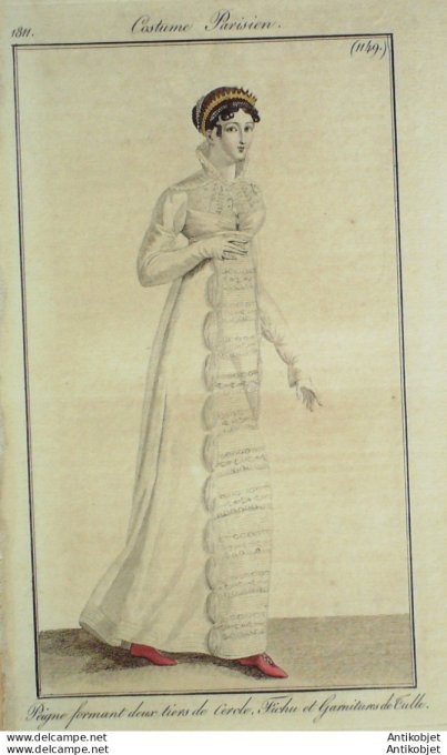 Gravure de mode Costume Parisien 1811 n°1149 Fichu et garnitures de tulle