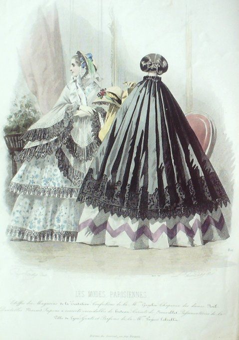 Gravure Les Modes Parisiennes 1858 # 811 Robes en soie Maison Gagelin
