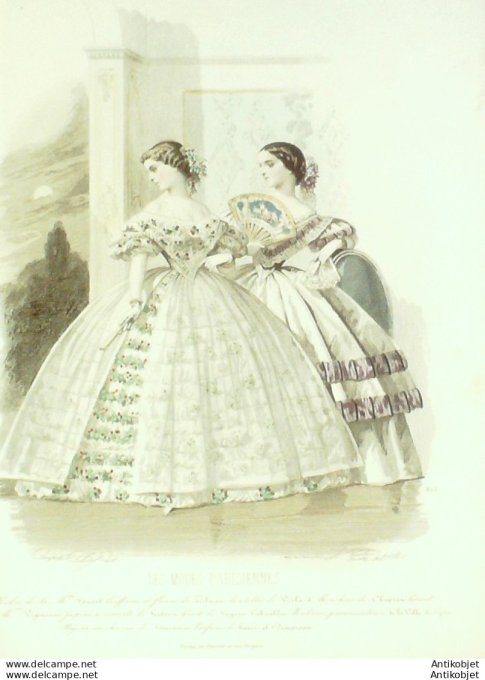 Gravure Les Modes Parisiennes 1858 # 805 Robes de bal Maison Fauvet