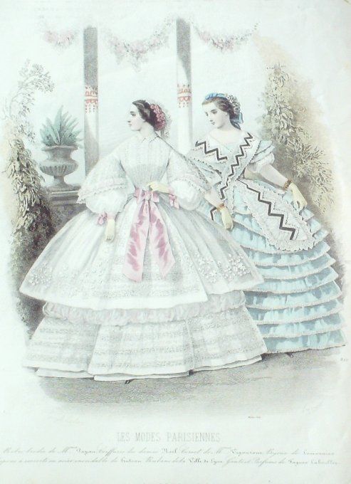 Gravure Les Modes Parisiennes 1858 # 812 Robes de bal Maison Payan