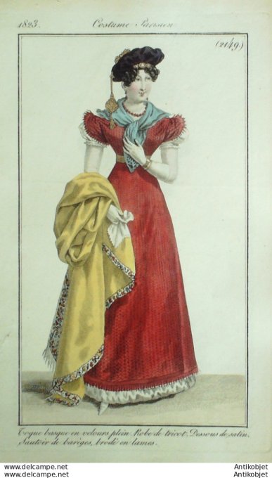 Gravure de mode Costume Parisien 1823 n°2149 Robe tricot  pardessus de satin