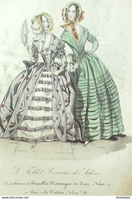 Gravure Mode Le Follet 1839 # 451 (aquarelle Old Fashion plate)
