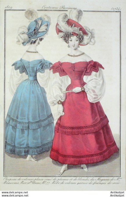 Gravure de mode Costume Parisien 1829 n°2734 Robe chapeau velours franges