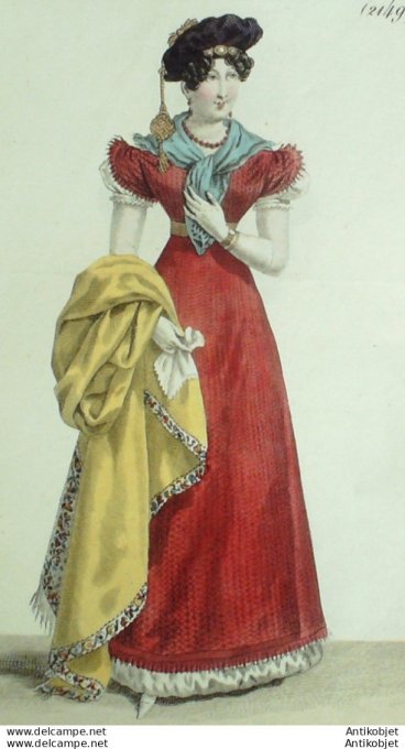 Gravure de mode Costume Parisien 1823 n°2149 Robe tricot  pardessus de satin