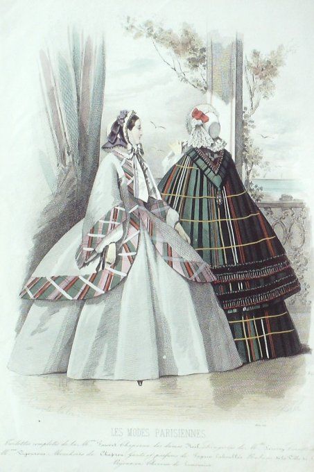 Gravure Les Modes Parisiennes 1858 # 813 Robes en madras Maison Fauvet