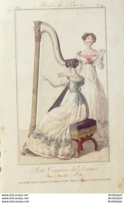 Gravure Mode Courrier des Dames 1819 #   19 (eau forte old Fashion plate)