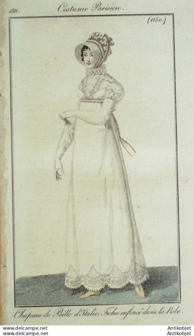 Gravure de mode Costume Parisien 1811 n°1150 Fichu enfoncé dans la robe