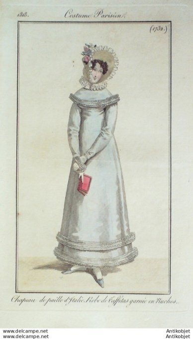 Gravure de mode Costume Parisien 1818 n°1732 Robe de taffetas garnie en ruche