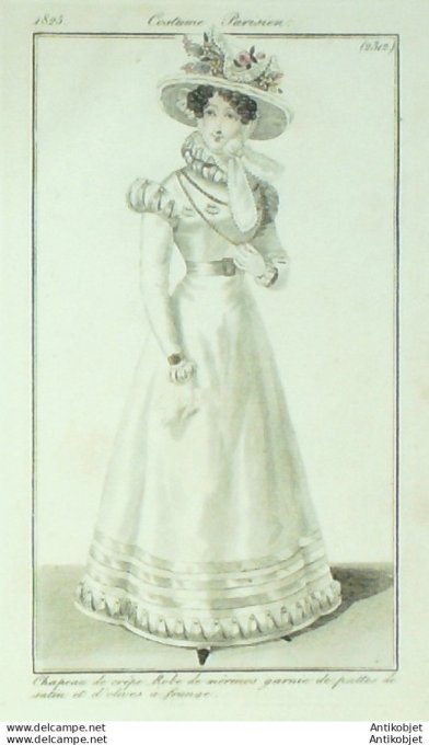 Gravure de mode Costume Parisien 1825 n°2312 Robe Mérinos & pattes satin