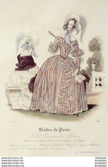 Gravure Mode Courrier des Dames 1838 # 1454 (eau forte old Fashion plate)