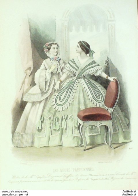 Gravure Les Modes Parisiennes 1858 # 806 Robes d'intérieur Maison Gagelin