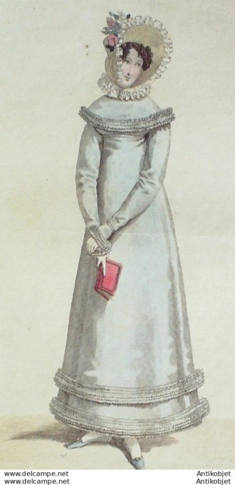 Gravure de mode Costume Parisien 1818 n°1732 Robe de taffetas garnie en ruche