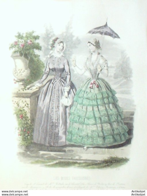 Gravure Les Modes Parisiennes 1846 # 178 Capote robe Maison Mounier