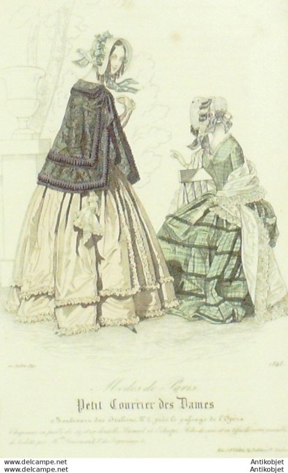 Gravure de mode Petit courrier des Dames 1842 n°1848 Robes de soie et tissu